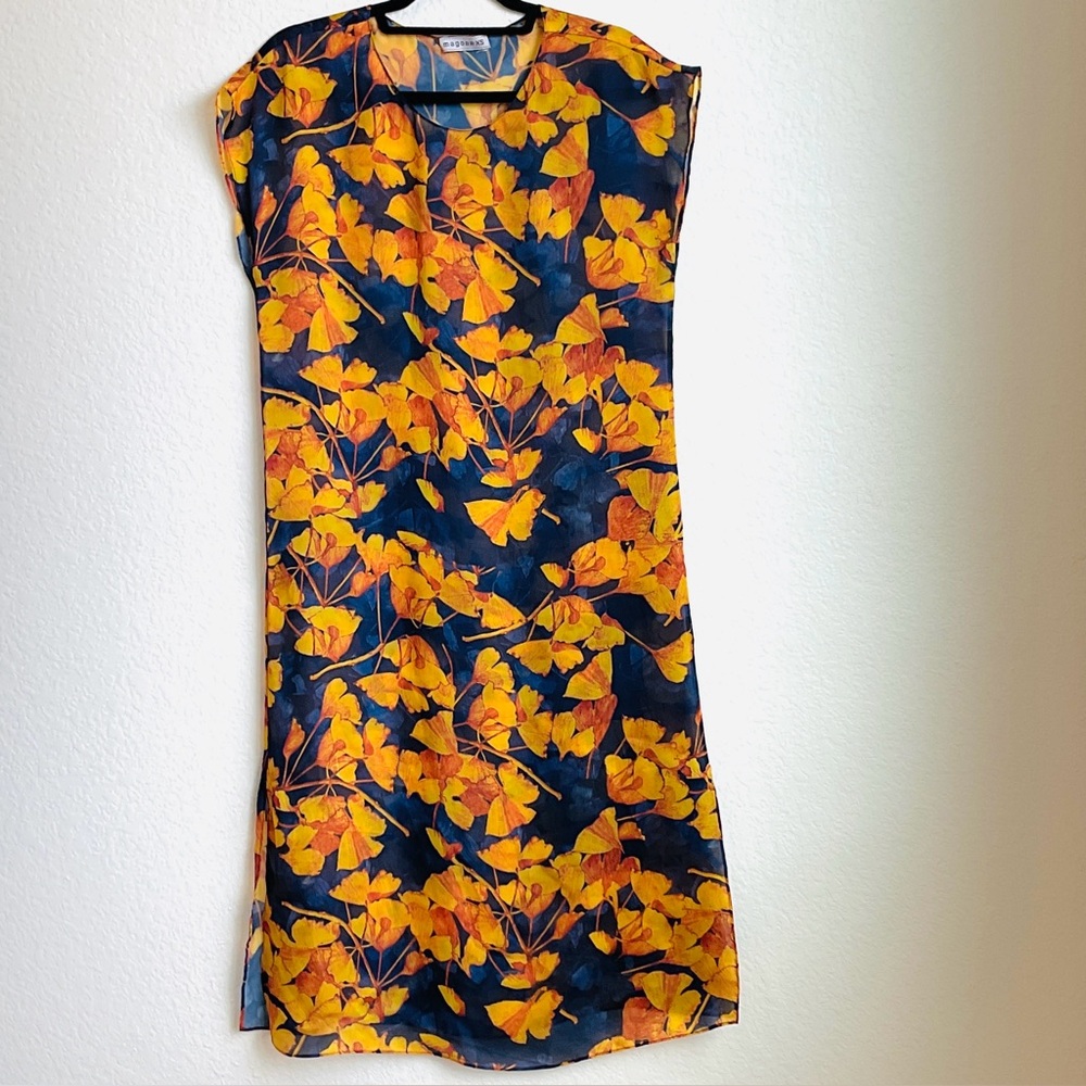 sheer cover-up with golden Ginko leaves on a navy background XS